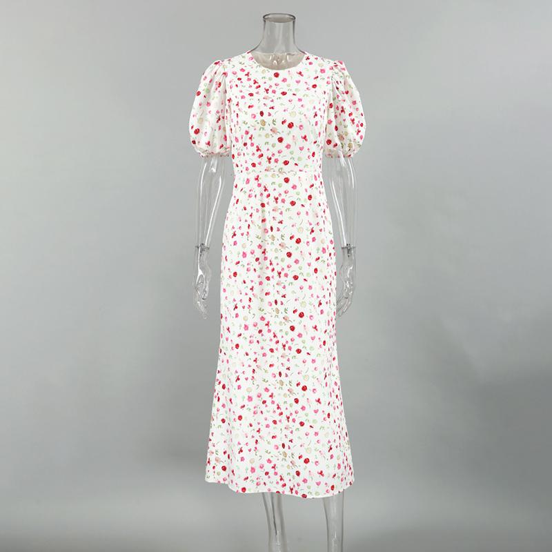 LYRIA Printed Floral Long Dress for Women Slim High Waist Puff Short Sleeve Dress Fashion Commuting Dress Fmale