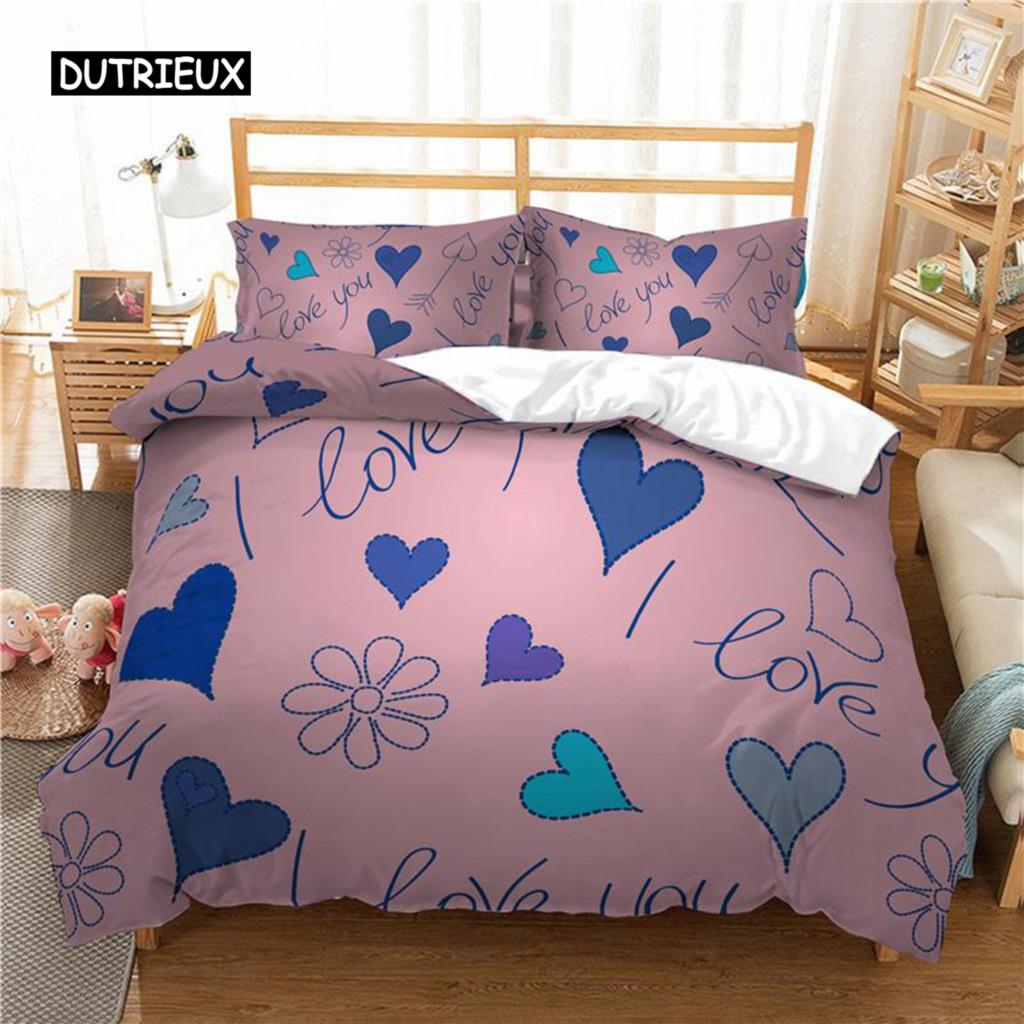 Love Heart Duvet Cover Set Cartoon Fun Colorful Hearts Quilt Cover Twin Romantic Style I Love You Polyester Bedding Set for Teen