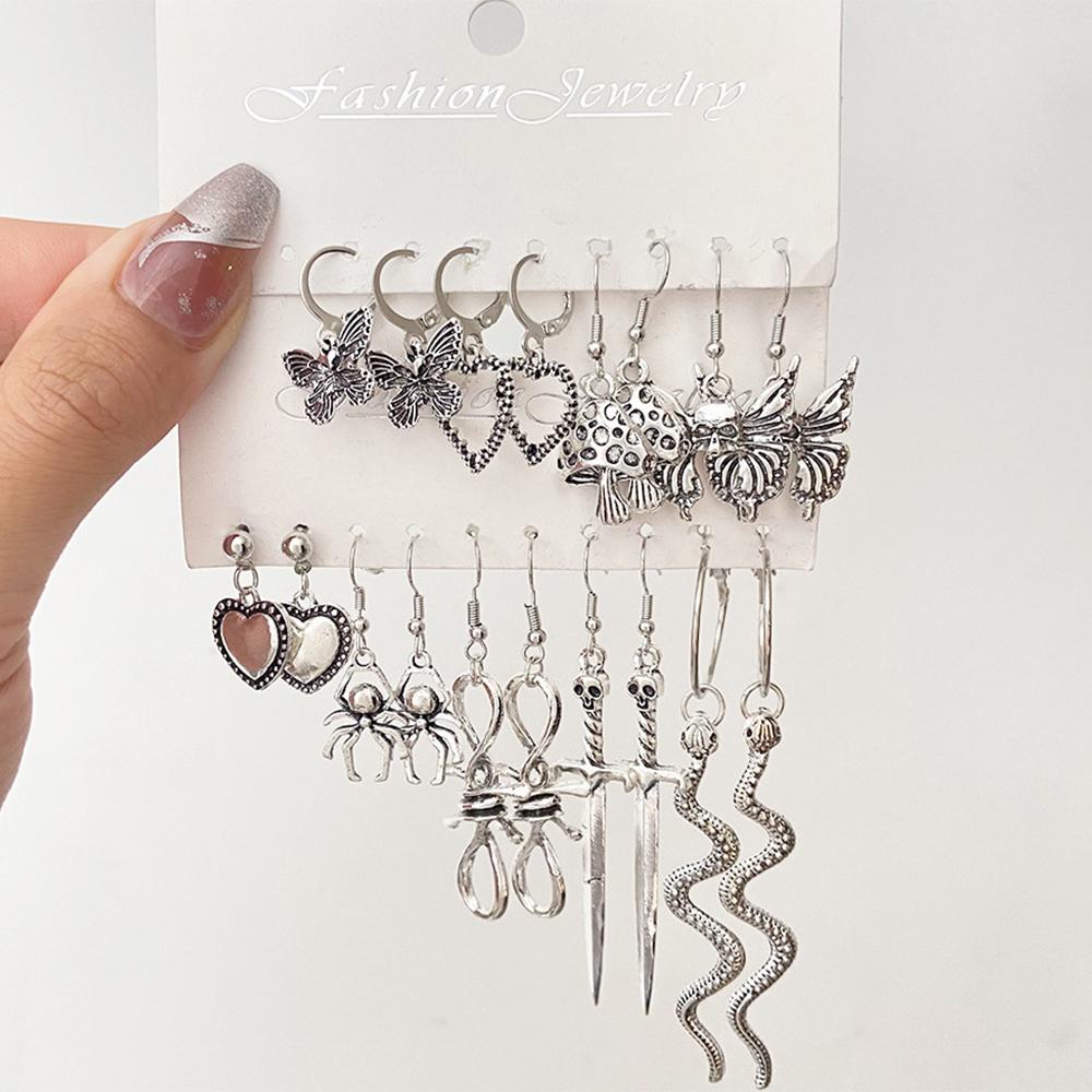 9 Pairs Fashionable Earrings Clip On Earrings Knotted Butterfly Heart Snake Mushroom Retro Copper Spider Skull Sword Earrings