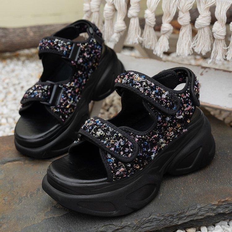 Sandalen Sommer Neu Lässig Sportlicher Stil Damenschuhe Mode Plateau Pailletten Keilsandalen Femmes Hoher Absatz Offene Zehenpartie Römische Sandalen