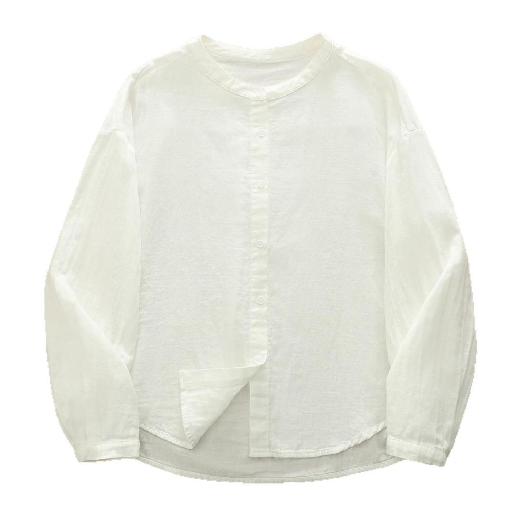 Women's Stand Collar Long Sleeve Cotton Gauze Shirt - Solid Color, Breathable, Slimming, 2026 Spring/Autumn Collection