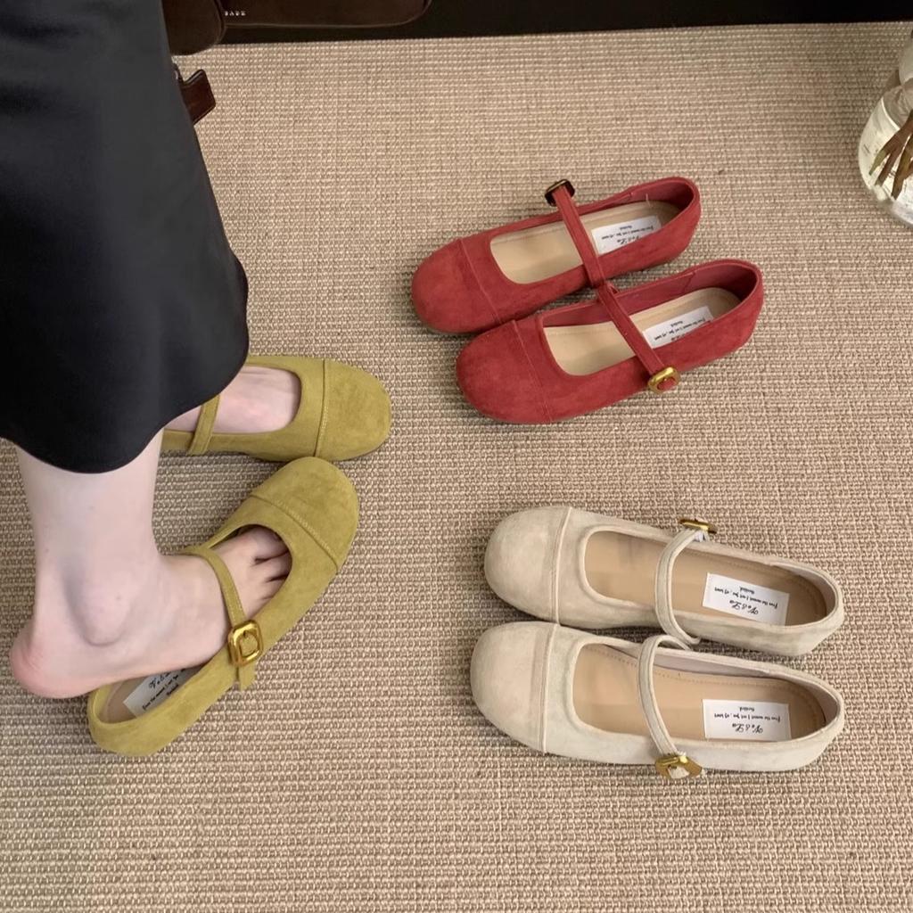 Light Mouth Red Single Shoes Female Spring and Autumn New French Retro Gentle Fairy Suede Mary Jane Shoes Flat Beanie Shoes