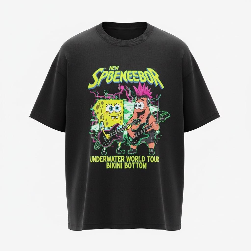 SpongeBob Patrick Rock Band T-Shirt Vintage 90s World Tour Black Graphic Tee L