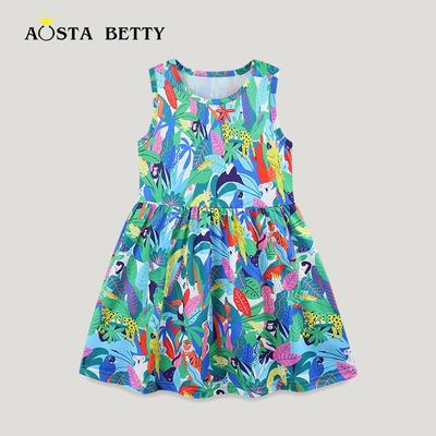 Vestido de Princesa de Verão para Meninas Estilo Europeu e Americano - Estampa da Moda, Sem Mangas, Gola Redonda