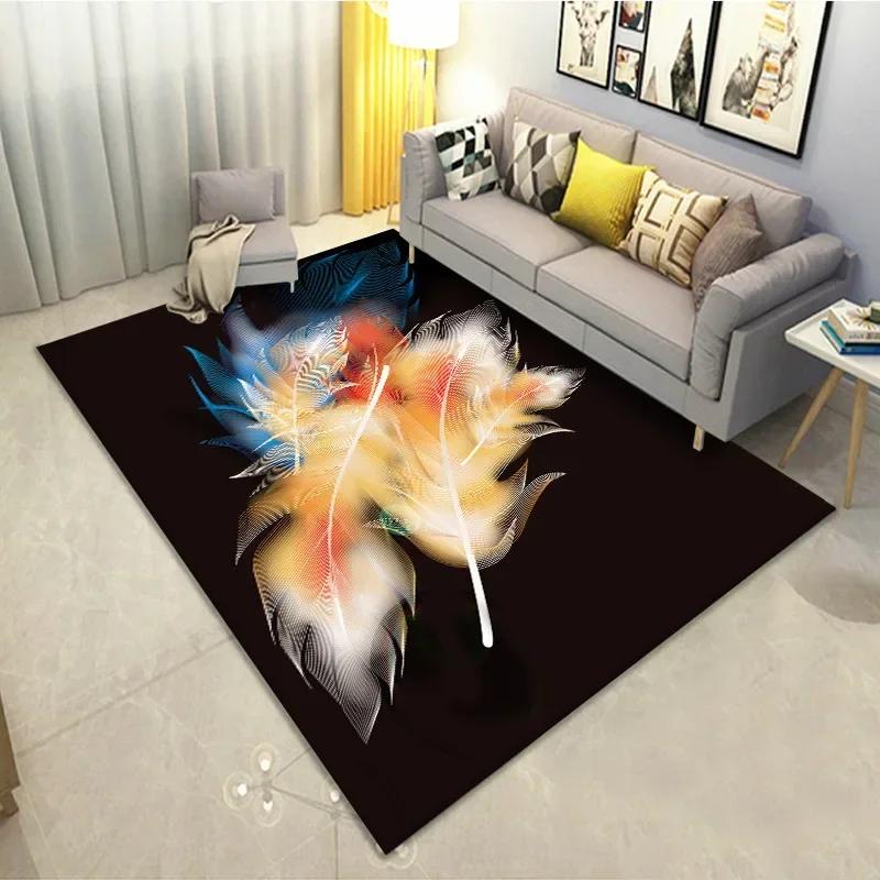 Feather Print Crystal Velvet Home Carpets for Living Room Decor Quality Wrapping Edge Rugs for Bedroom Dirt Tolerance Floor Mat