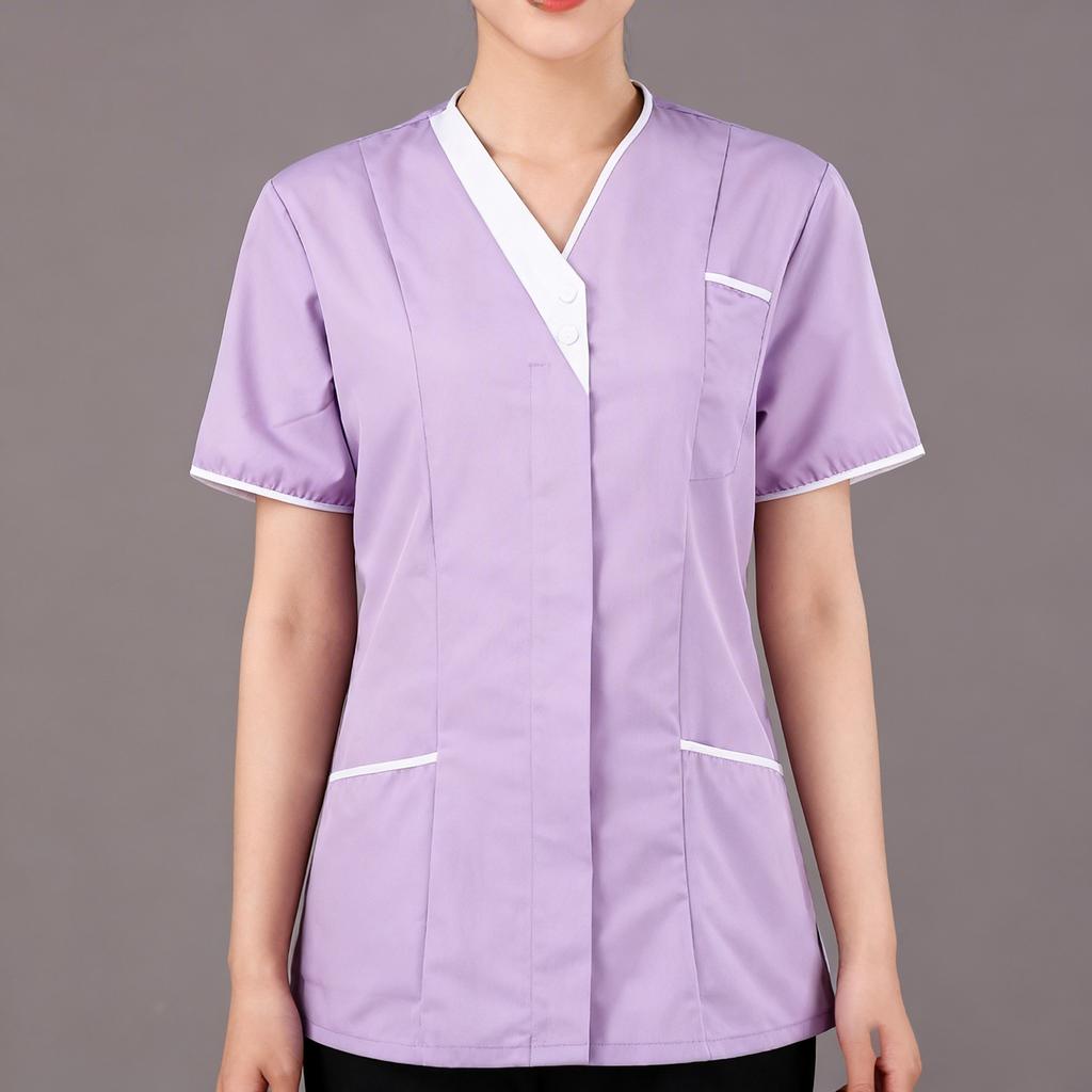 Women's Scrubs Tops V Neck Short Sleeve Working Blouse Housekeeping Uniforms Cleaning Uniform
