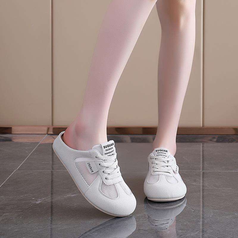 Fashion Women's Shoes Fashion Mesh Breathable Flat Shoes Non Slip Round Toe Outdoor Women's Lace Up Baotou Half Slipper Sandalias Mujer