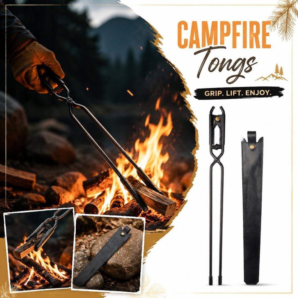 Outdoor Fire Pit Tongs with Leather Sheath Long Handle Campfire Tool for Camping Picnic Firewood Grilling and Bonfire Use