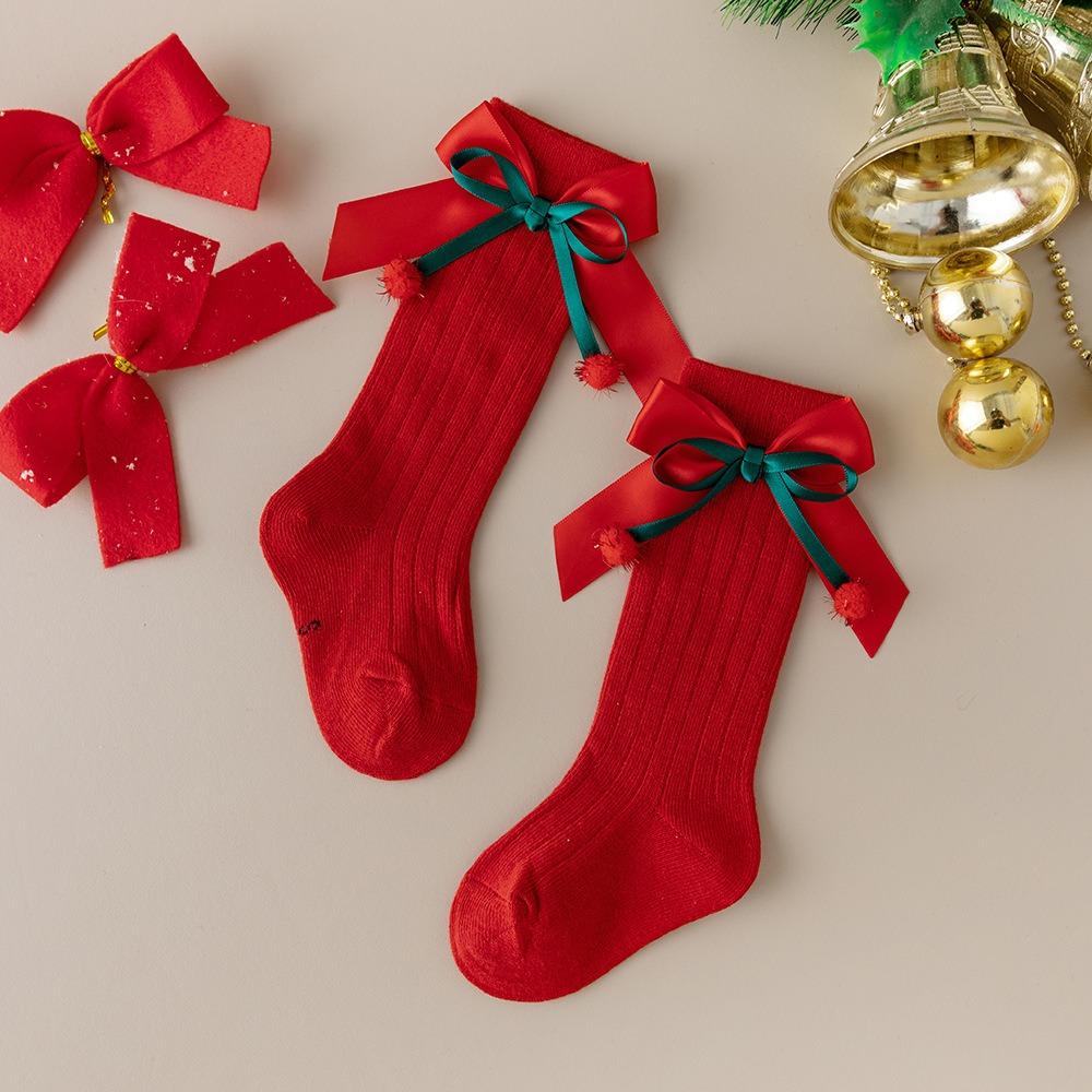 Red Kids Red Socks Cotton Bow Middle Tube Socks Soft Baby Middle Tube Socks  Autumn Winter