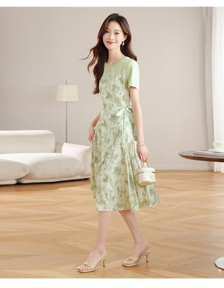 Mint Mambo Green Floral Two-Piece French Style Slim Waist Summer Dress