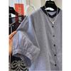 Women Ruffled Color Block Striped Slant Shoulder Short Sleeve Casual Blouse Top