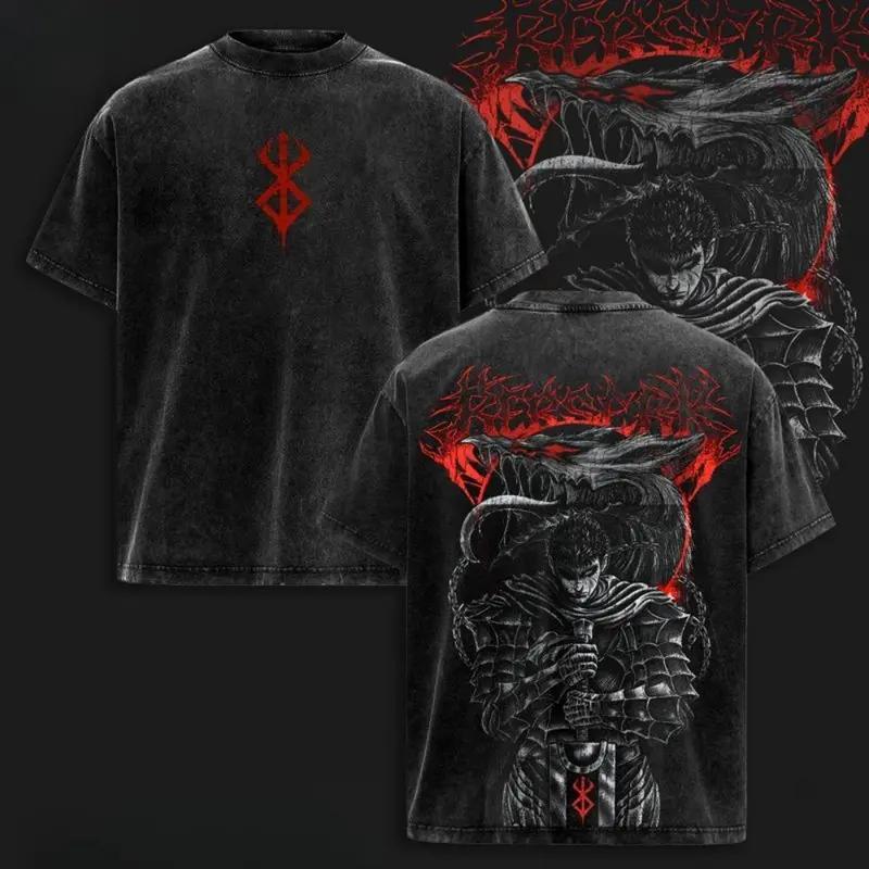 

Anime Berserk Guts Cool Printed Tee Men Women Short Sleeve Cotton Tshirts Vintage Washed T-shirt Harajuku Male Oversized T Shirt XXL чорний