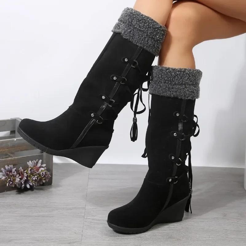 Bottes Mi-Mollet Européennes Américaines pour Femmes 2024 Hiver Nouveau Design à Lacets pour la Chaleur Bottes à Talon Compensé Bottes pour Femmes Bottes De Mujer