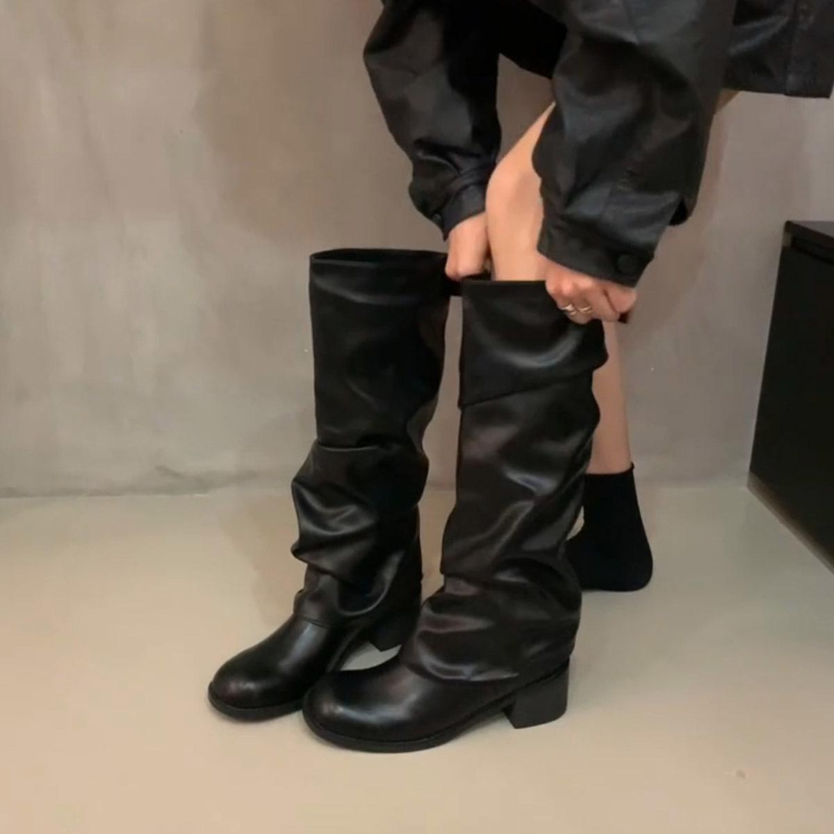 

Cowhide version~ Round head retro pleated stacked knight boots women s leather thick heel long boots but knee pant tube boots 40