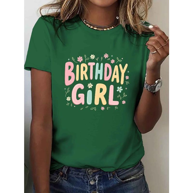 

Футболка с принтом BIRTHDAY GIRL в ретро-шрифте, с коротким рукавом, круглым вырезом, повседневный топ для лета и весны, женская одежда S зелёный