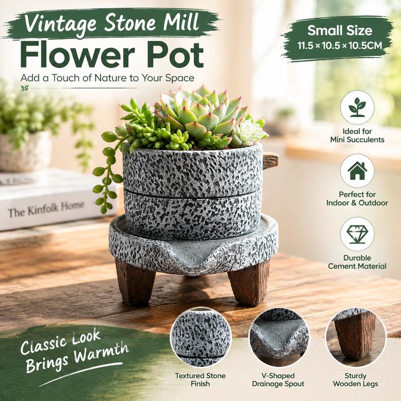 Retro European Style Cement Stone Mill Planter for Succulents and Home Decor