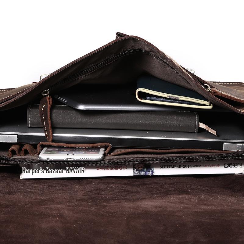 Men's Vintage Genuine Leather Cowhide Briefcase: Crazy Horse Leather Handbag & Shoulder Bag for Casual and Business Use.