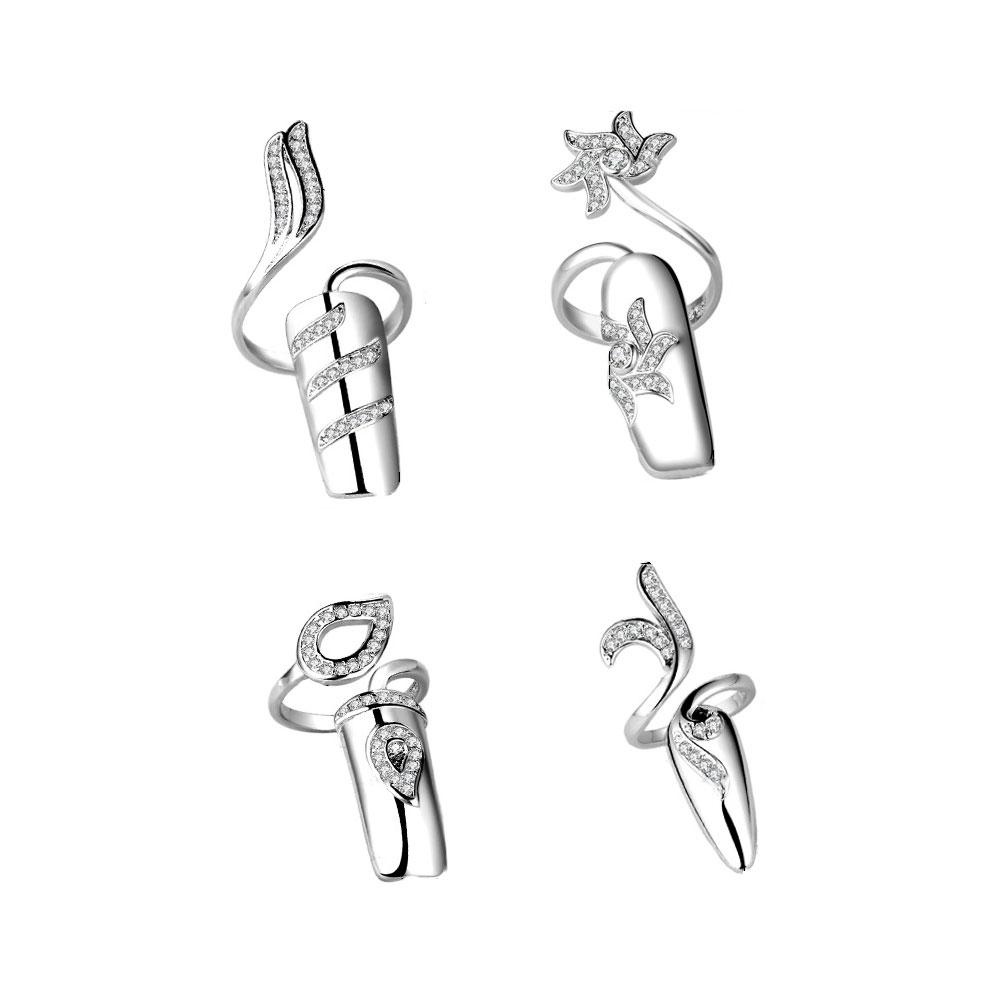 

1 набор/4 шт. женские накладные типсы для ногтей, патч, кольцо из сплава со стразами, колпачки для ногтей разных размеров для леди, женщин, для вечеринки, дома, для маникюра (случайный серебряный