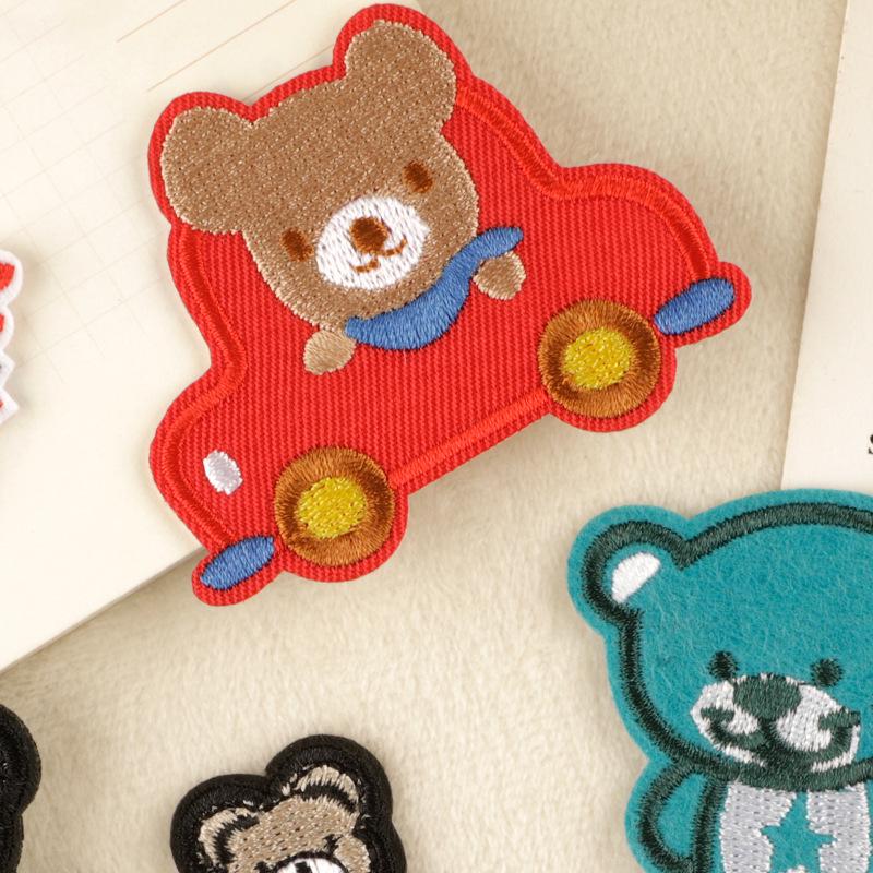 Cartoon Car Bear Embroidery Patch - Self-Adhesive Fabric Label for Clothing Accessories
