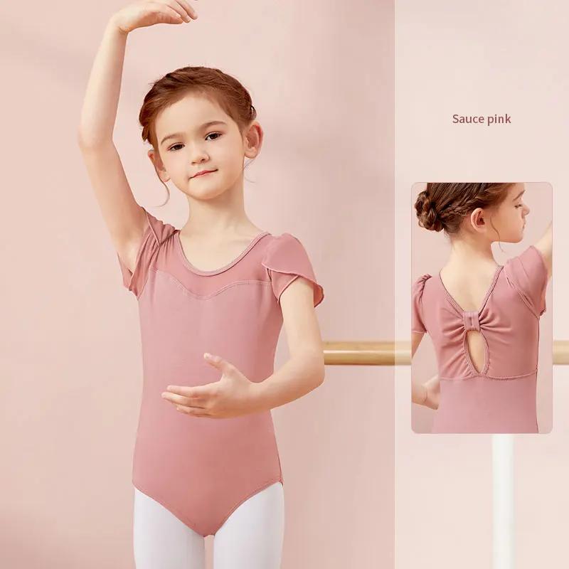 Ballett-Trikots für Mädchen, Patchwork, Kurzarm, Kinder-Tanztrikots, Rücken-Schleife, Gymnastik-Trikot, Baumwoll-Ballett-Tanz-Bodysuit