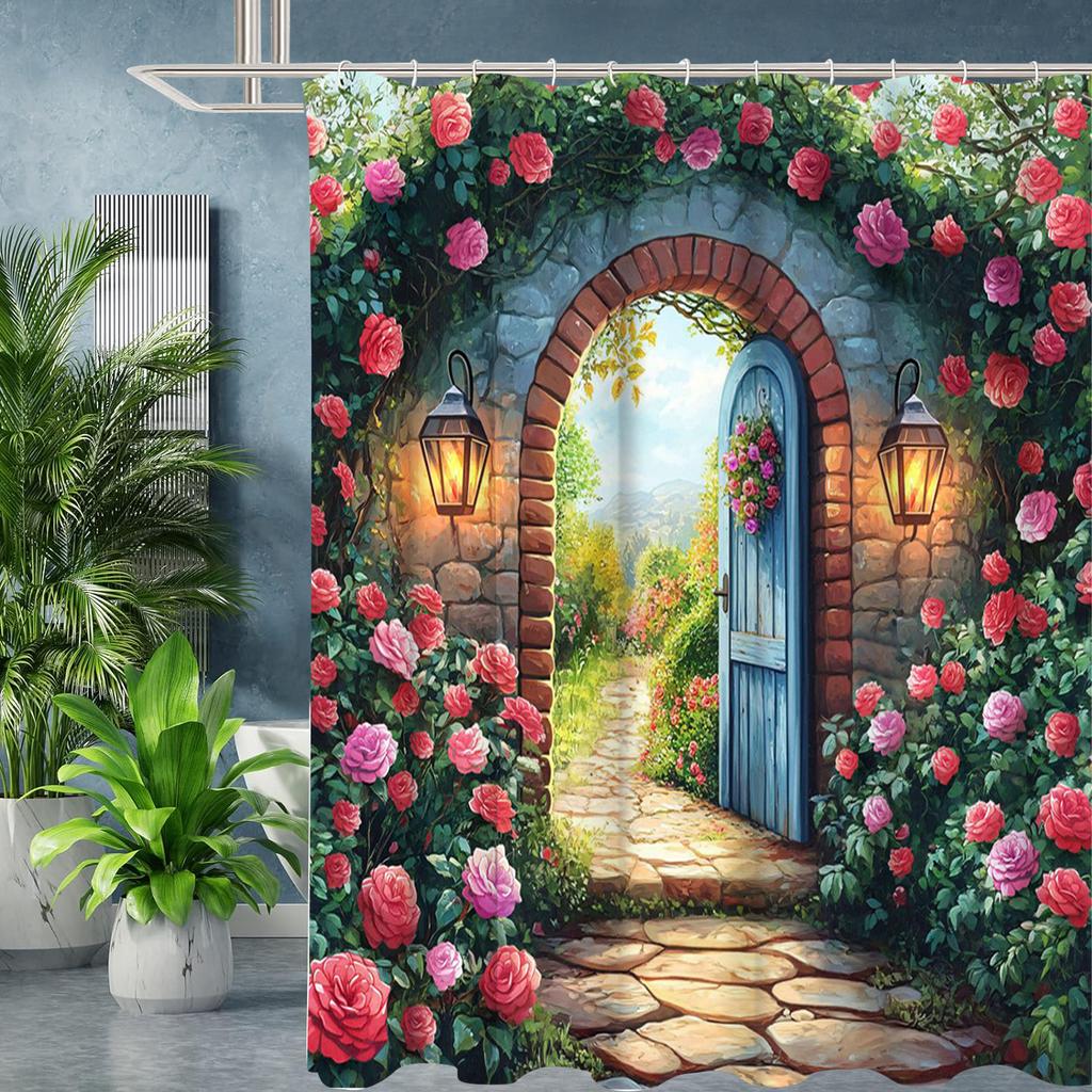 Floral Door Pattern Shower Curtain, Bathroom Shower Waterproof Curtain with 12 Hooks, Fish Shaped Home Decoration, Free Delivery
