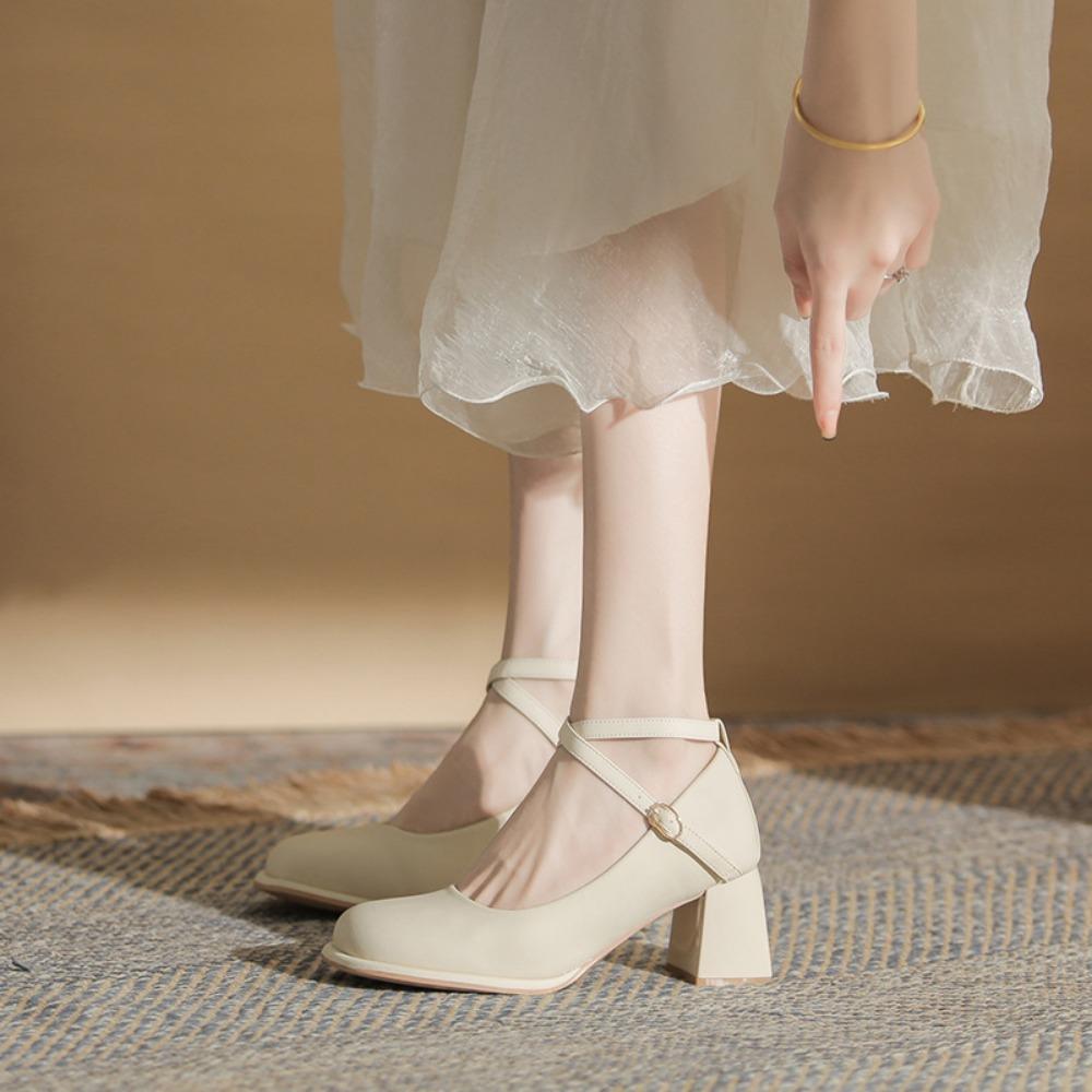 High Heels for Women 2025 New Cross Buckle Strap High Heels Thick Heel Retro Single Shoes French Mary Jane Shoes Women's pumps