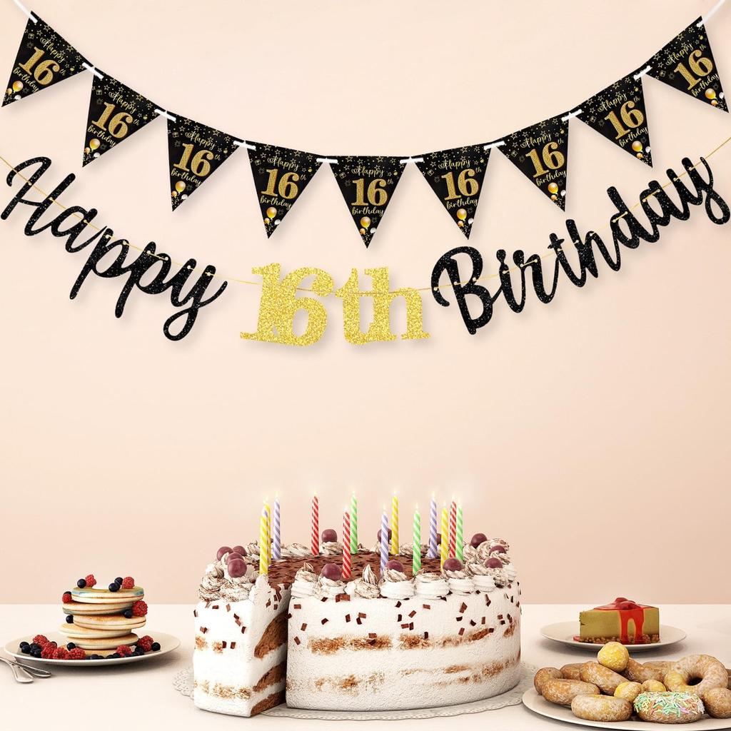 16th Birthday Decorations Banner Boys Girls, Black Gold Happy 16thBirthday Banners for Girls Boys (Birthday 16th)