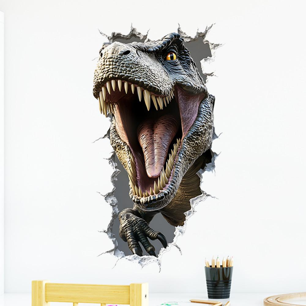 3D Dinosaur Breaking Through Wall Self Adhesive Sticker for Kids Boy Bedroom Door Wall Home Decor