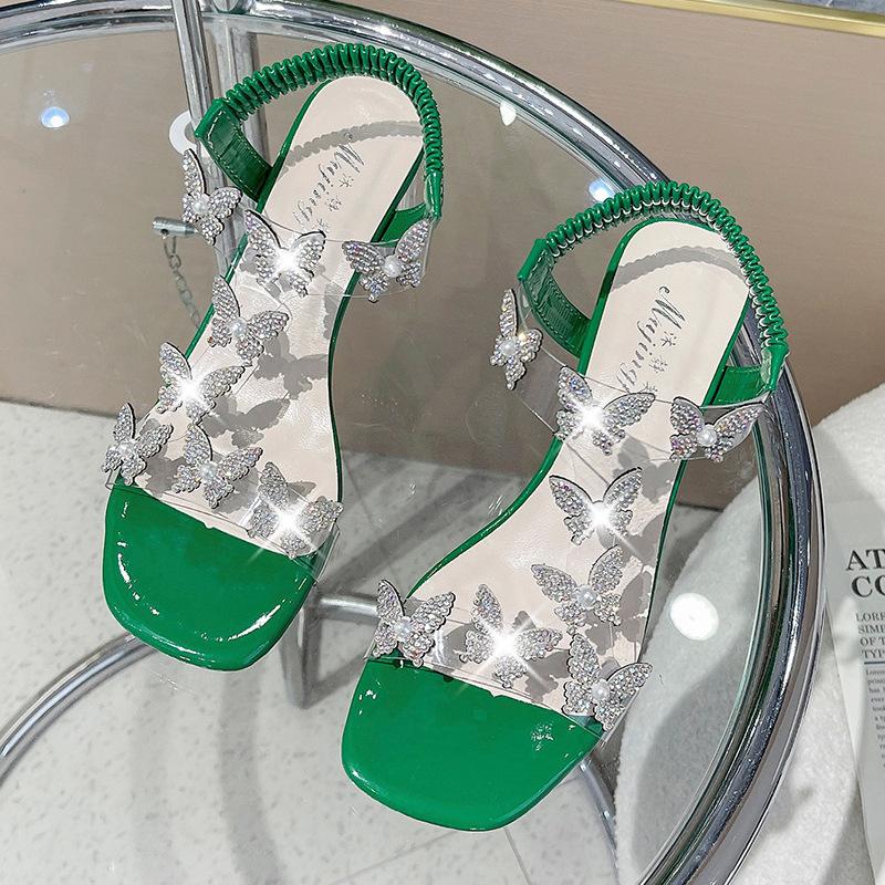 

Модные босоножки на толстом каблуке со стразами, женская одежда 2025 года, новые модные босоножки на высоком каблуке с прозрачным кристаллом в стиле знаменитостей из Интернета 40 зелёный