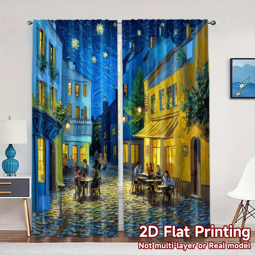 

Set Of 2 Flat Printing Curtains Without Rod Starry Evening Creative Chic Polyester Festive Decorative Curtain W100*H70(CM)-Rod Pocket&2PCS