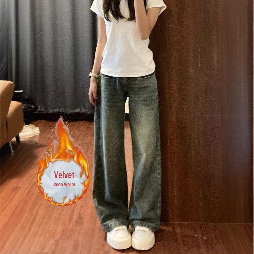 Women's American Retro Fleece-Lined Wide Leg Jeans - Autumn/Winter High Waist, Slimming, Loose Fit, Straight Leg Pants