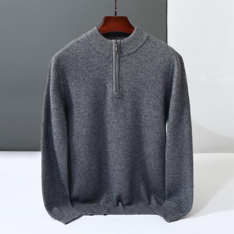 Men's Cashmere Knit Zipper Sweater - Solid Color, Loose Fit, Half-High Collar, Autumn/Winter Collection