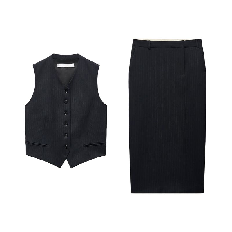 Fashion Casual Two-Piece Suit Women's Stripes Classic Vest 8351601 Pinstripe Midi Dress 8242601