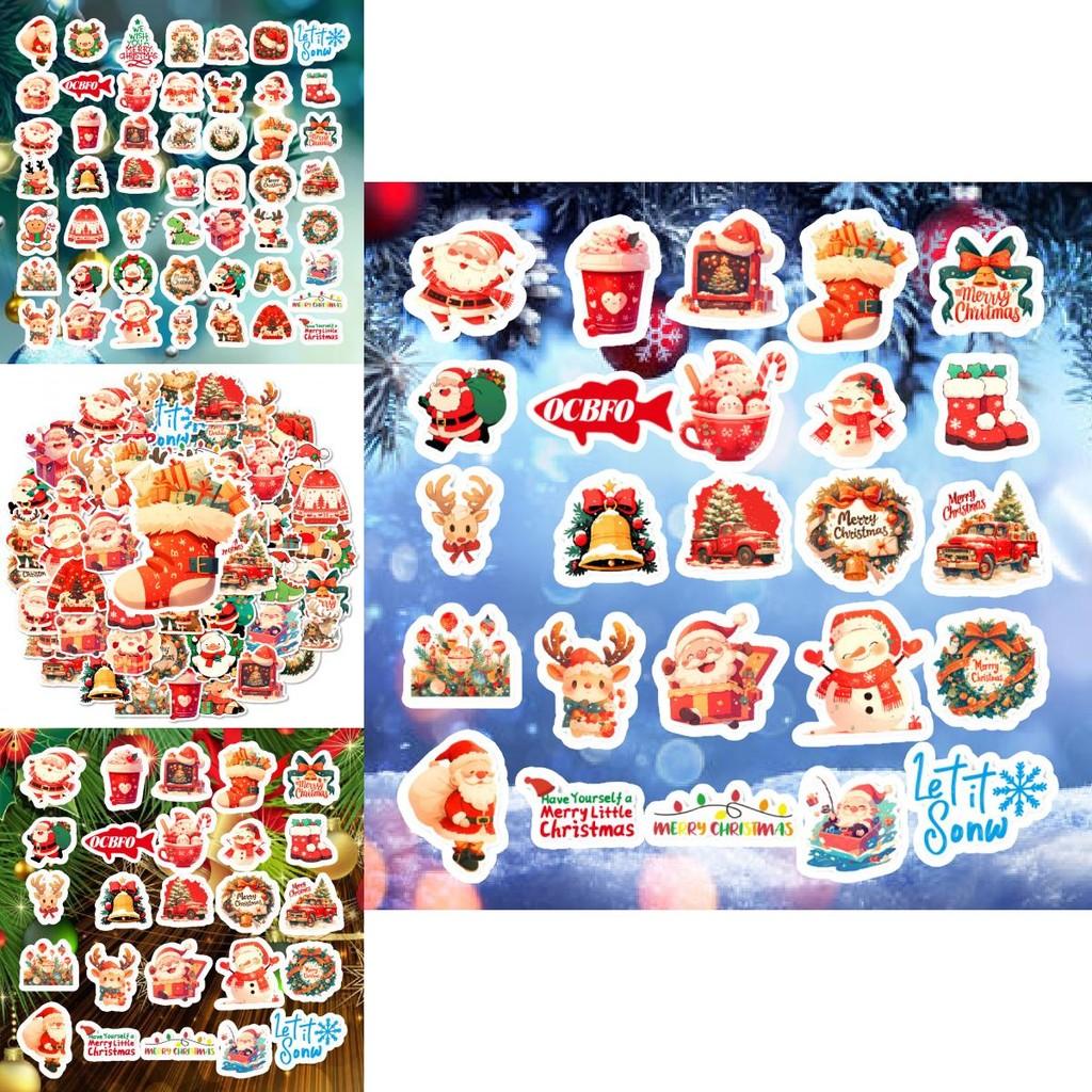 Original 50 Christmas Party Stickers Cute Cartoon Designs Colorful Waterproof Adhesive