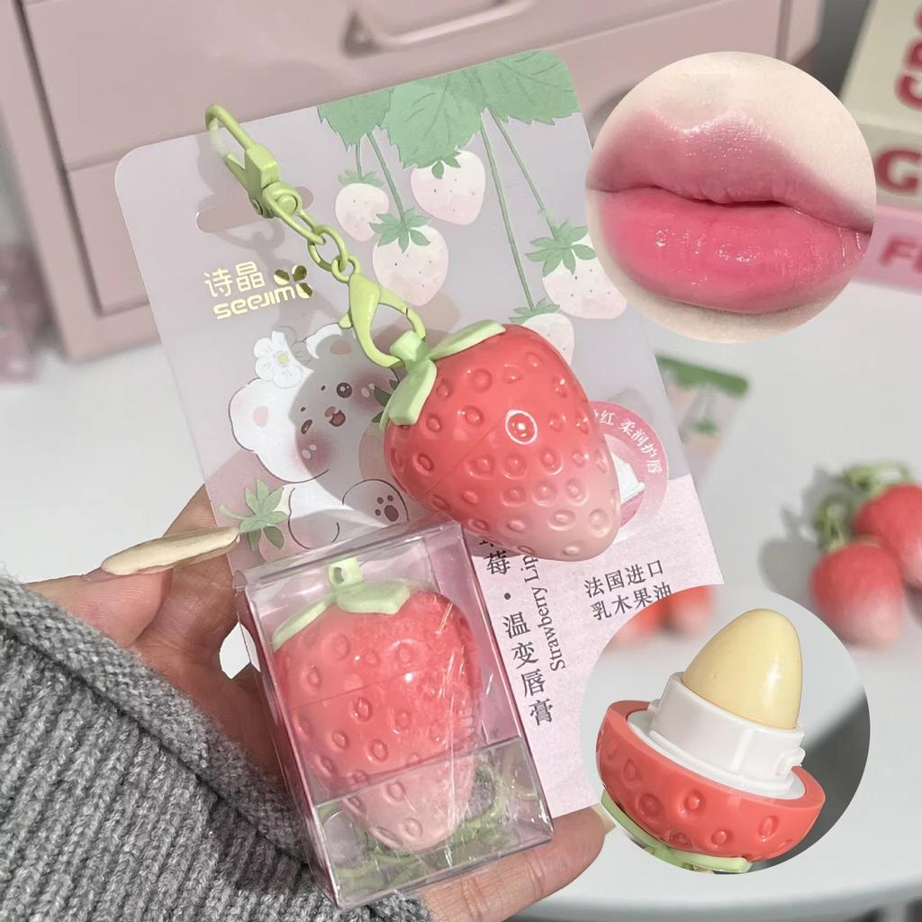 1 szt. Brelok Truskawkowy Balsam do Ust Rozgrzewający Długotrwały Naturalny Różowy Szminka Tint Zmieniająca Kolor Szminka Owocowa Pielęgnacja Ust Makijaż