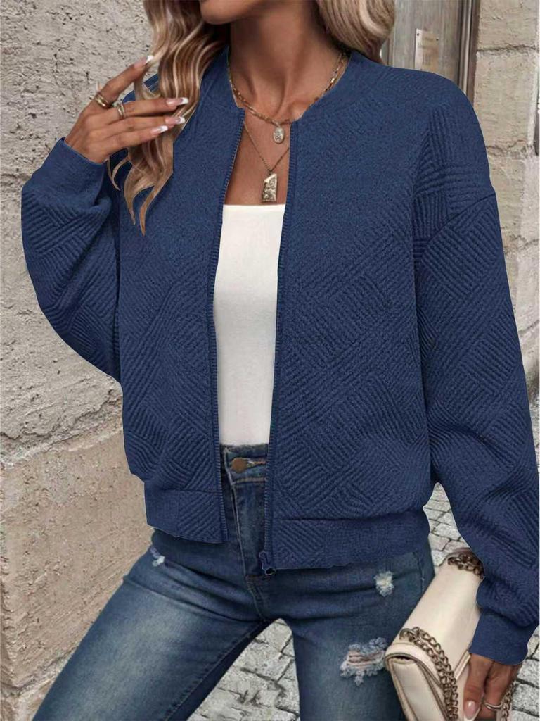 2025 Damen Frühling/Herbst Gestrickter Langarm-Cardigan mit Reißverschluss-Detail und einfarbigem Design.