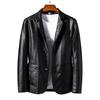 Suit Coat Faux Leather Turn-down Collar Cardigan Solid Color Men Formal Jacket for Meeting