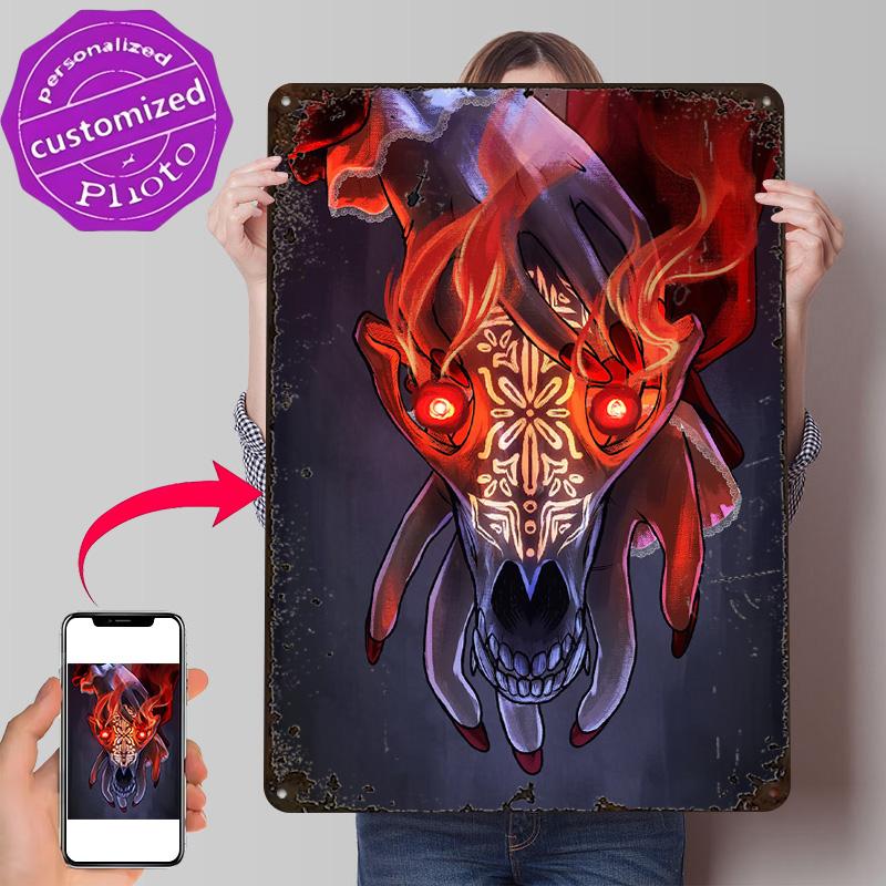 Skull in Flames D Printed Texture Poster Personalized Wall Art Retro Metal Tin Signs for Luxury Decoration Home Decor Ornaments