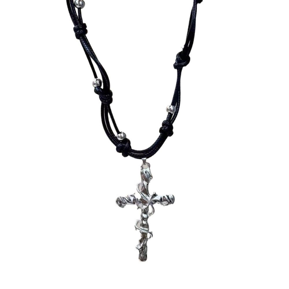 Personality Punk Sliver Color Vine Entwined Cross Pendant Black Leather Rope Necklace for Women Men Collar Chain Jewelry Gifts