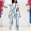 Women Plus Size Round Neck Long Sleeve Printed White Blue Layered Top Long Pants Two Piece Set