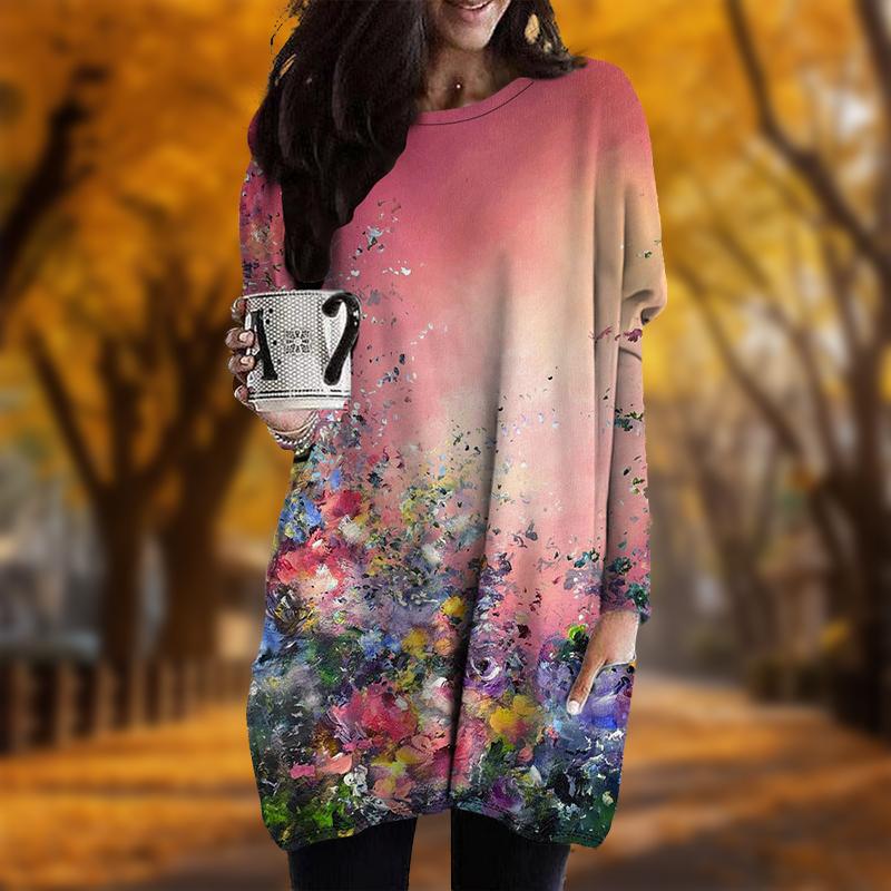 New In Autumn Oil Painting Flowers Print Plus Size Dress Women O'neck Long Sleeves Casual Pocket Dresses