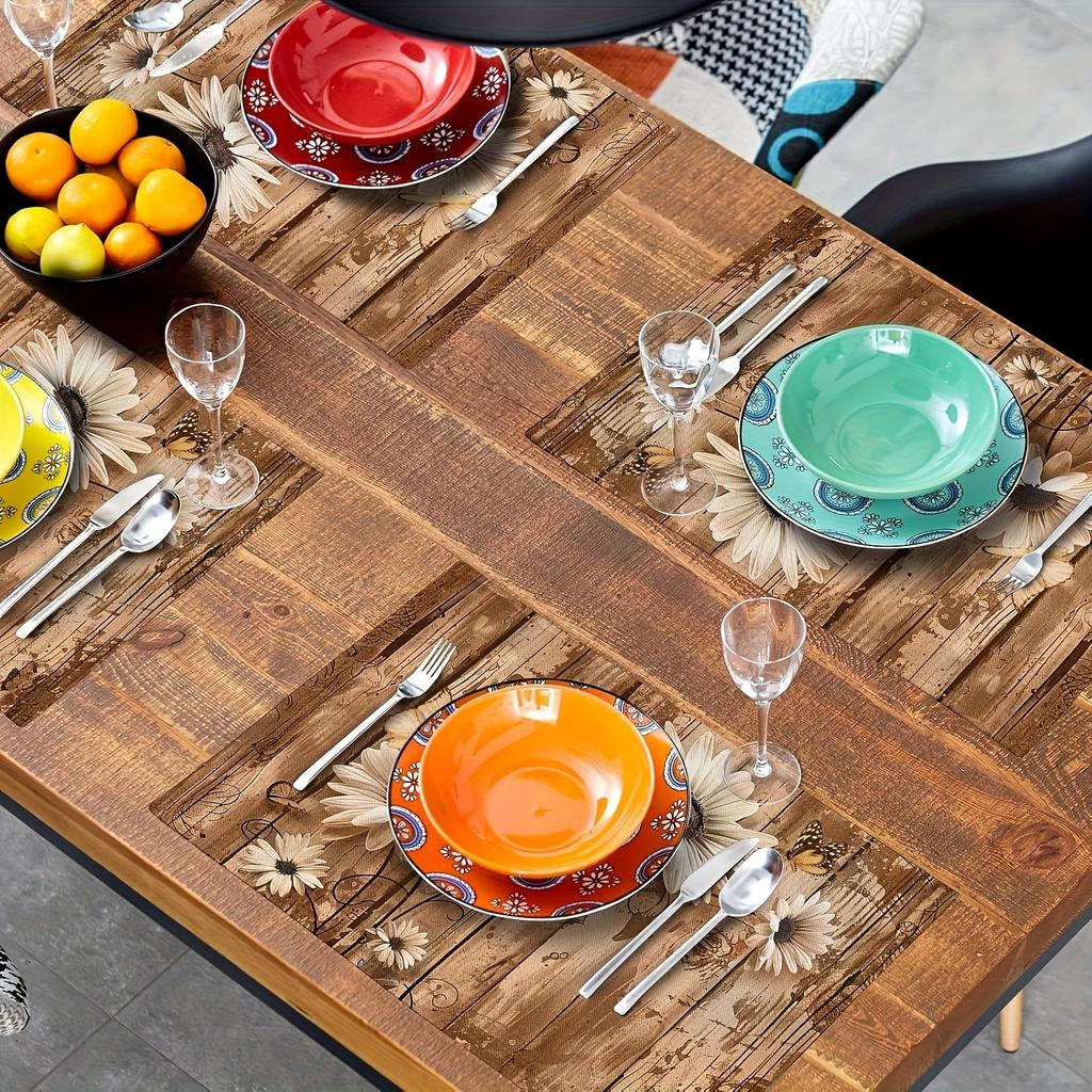 4pcs Rustic Daisy Pattern White Sunflower Vintage Wooden Placemat Set 12x18 inches Non-slip Heat-resistant Kitchen Table Setting