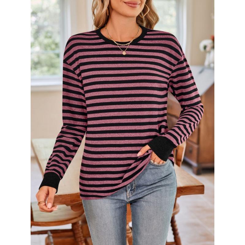 Striped Color Block Round Neck Long Sleeve Loose T Shirt Women Cashmere Brushed Pullover Top