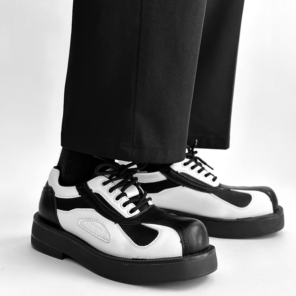 Men's round headed genuine leather shoes Fashionable black and white color blocking style Party thick soled walking office shoes