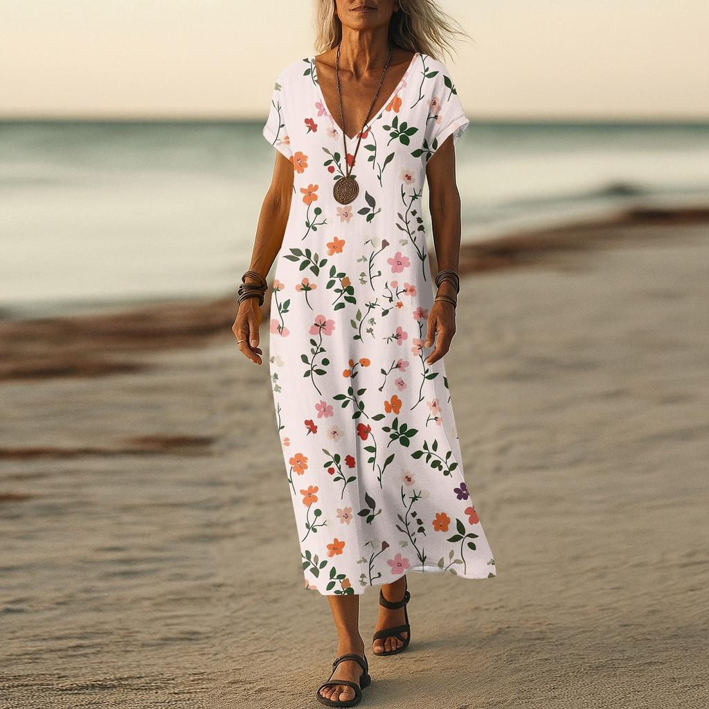 Summer Dress Women's Long Boho Beach Dress Elegant Maxi Dress V-Neck Short Sleeve Summer Tunic Dress Light Airy