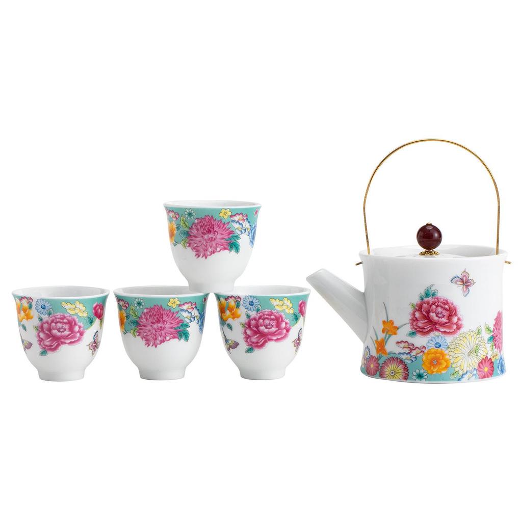 Kung Fu Ceramic Travel Tea Set with Overglaze Enamel Peony Teapot