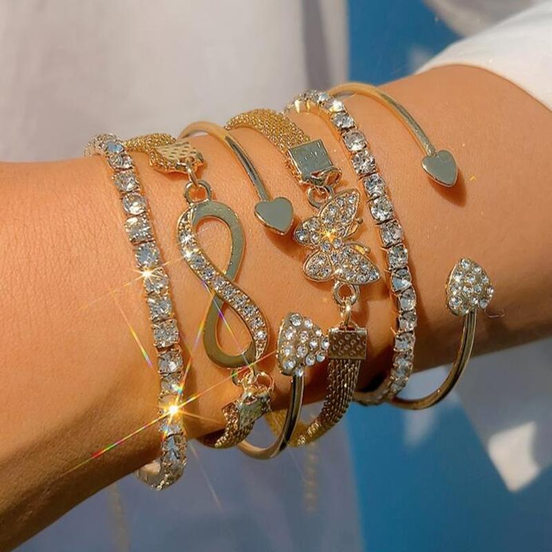 

6pcs Vintage Gold Color Eight Word Butterfly Heart Bracelet Set for Women Punk Sparkling Rhinestone Infinity Cuff Bangle Jewelry