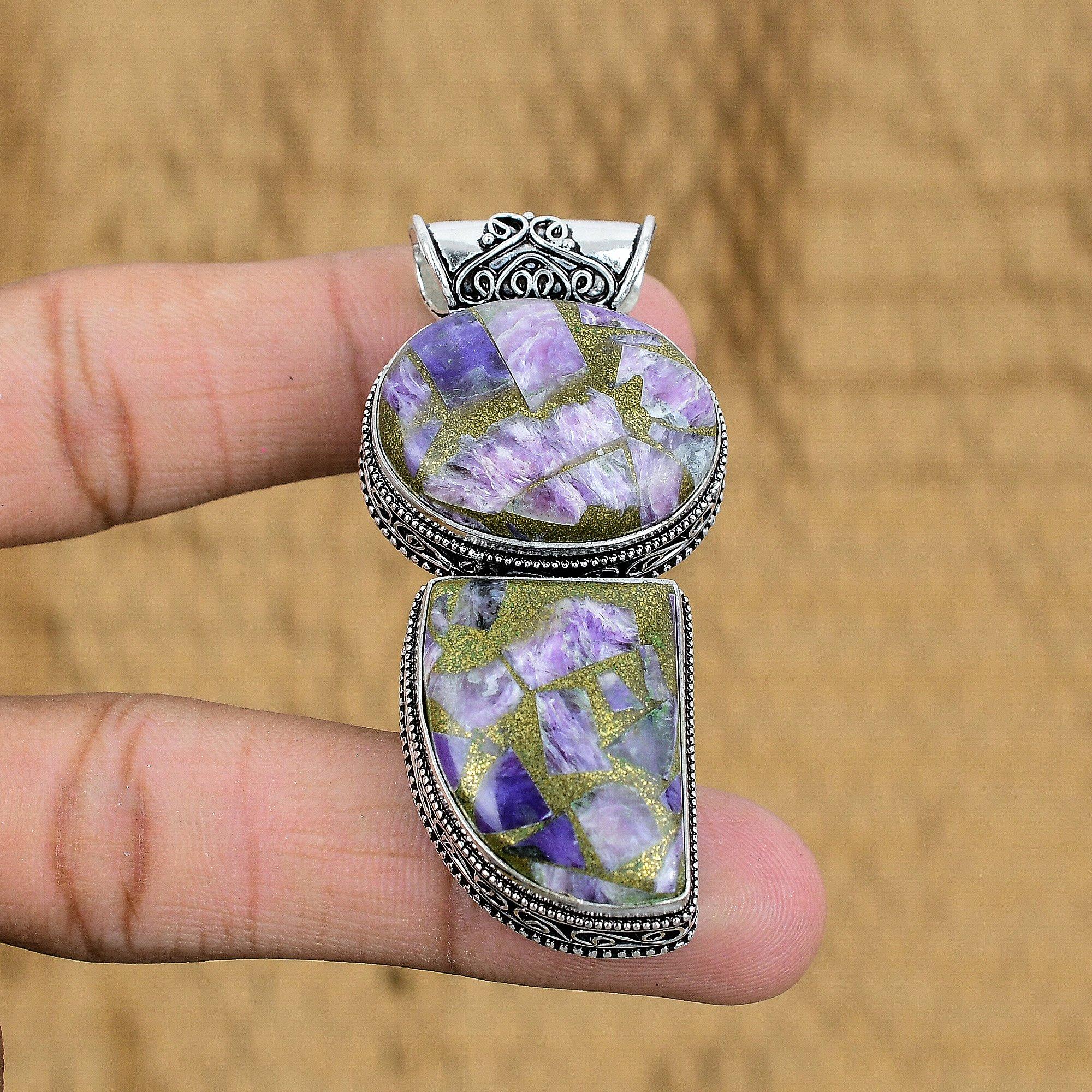 

Copper Russian Charoite Stone Sister Vintage New Pendant Jewelry Sterling Silver