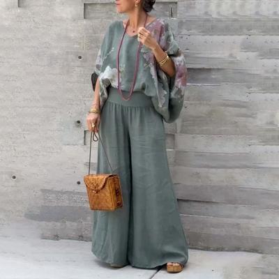 2 Pçs/set Blusa Calça Terno Decote V Mangas Morcego Largo Solto Estampa de Flores Top Perna Larga Cintura Elástica Calça Casual Roupa Diária Roupas de Deslocamento
