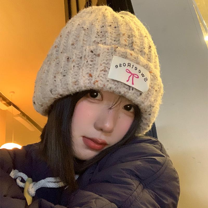 Korean Style Bow Patch Warm Knitted Woolen Hat for Women In Autumn and Winter Cold Hat Showing Face Small Big Head Circumference Hat